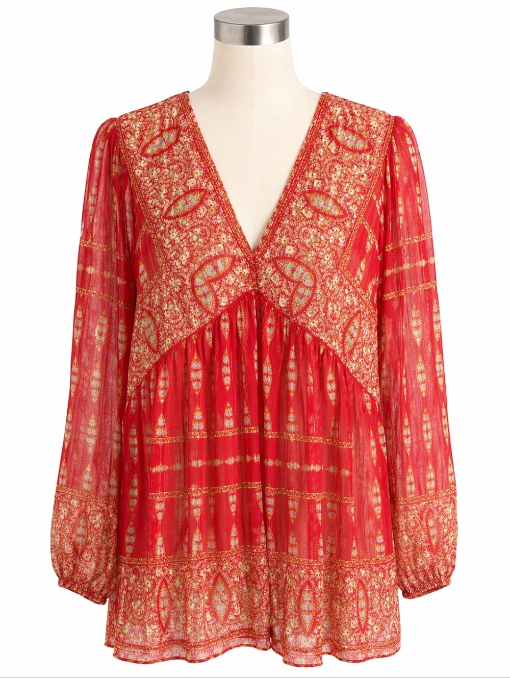 Rose & Olive NWT Red Orange Shimmer Sheer Babydoll Peasant Top Sz L Boho Casual